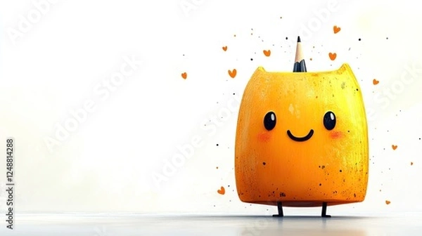 Fototapeta Cute cartoon character resembling a smiling orange cat with a pencil, surrounded by hearts
