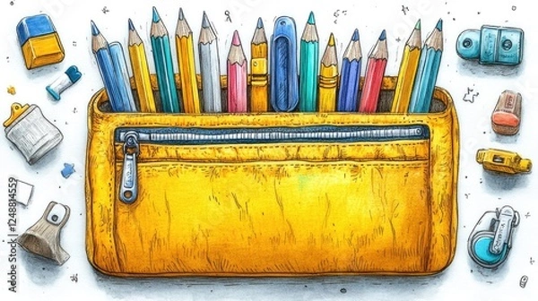 Fototapeta A vibrant collection of colored pencils in a yellow pencil case surrounded by stationery items