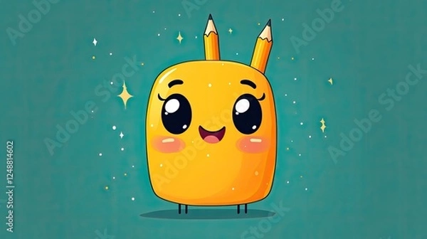 Fototapeta Cute cartoon character with pencil ears on a vibrant background, exuding a joyful vibe