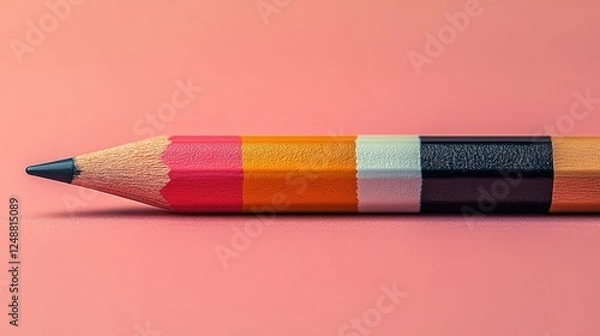 Fototapeta Close-up of a colorful pencil resting on a soft pink background, showcasing vibrant colors