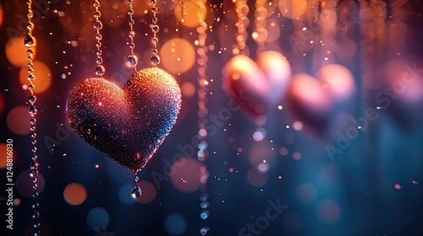 Fototapeta Shimmering hearts adorned with droplets hang in a dreamy atmosphere illuminated by soft bokeh lights
