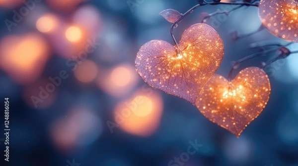 Fototapeta Glowing heart-shaped decorations hanging from branches, creating a magical ambiance at twilight