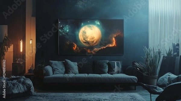 Fototapeta Futuristic living room with a digital planet display