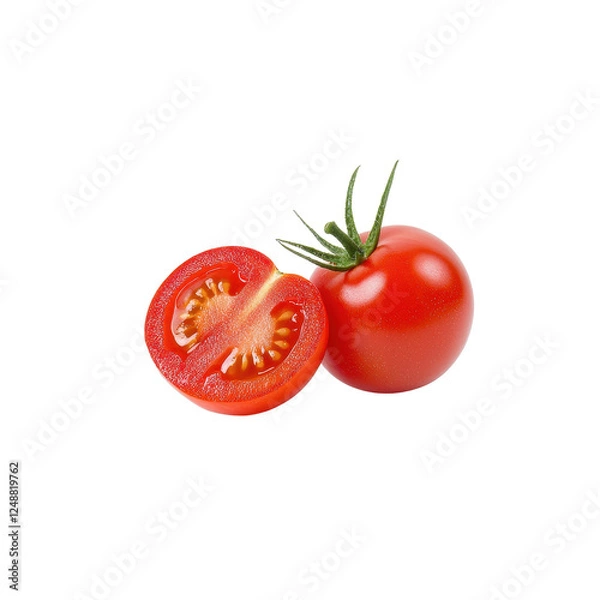 Fototapeta Fresh tomato and sliced tomato, white isolated background.