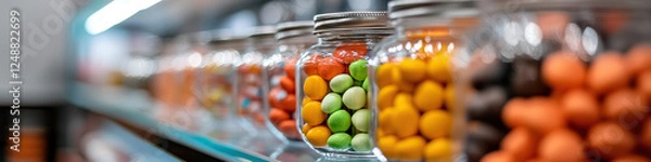 Fototapeta Assortment of Candies in Glass Jars on Shelf