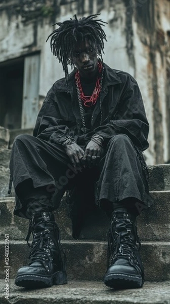Obraz Man with dreadlocks wearing avant-garde streetwear in urban environment realistic photography