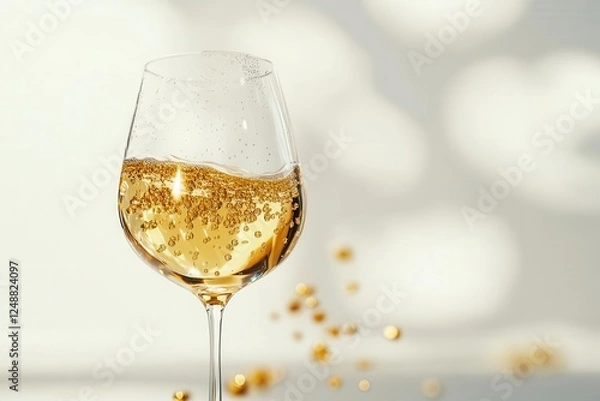 Fototapeta a crystalline wine glass filled with golden champagne, floating bubbles rising against pure white backdrop, dramatic side lighting, hyper-realistic