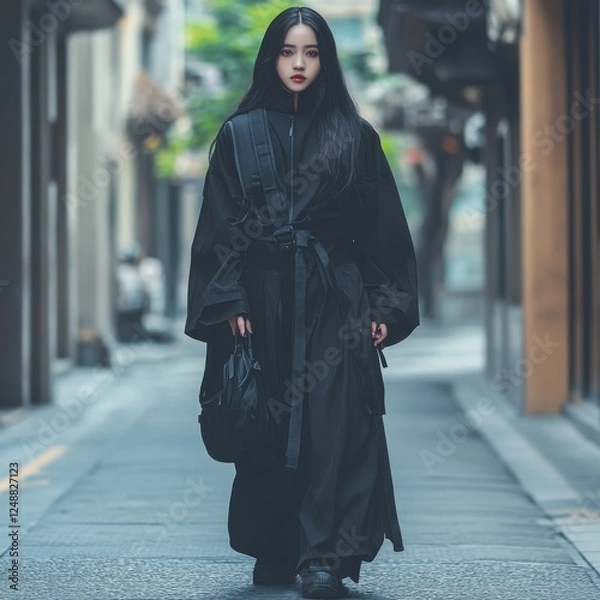 Obraz Woman in black coat and baggy street outfit posing for realistic photography with copy space