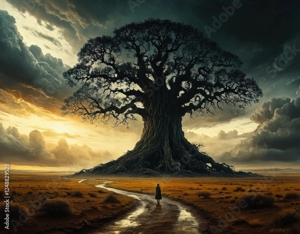 Fototapeta A mysterious lone tree in a dramatic landscape at sunset, surrounded by stormy skies. A small figure walks on a winding path towards the tree. Epic and cinematic scenery