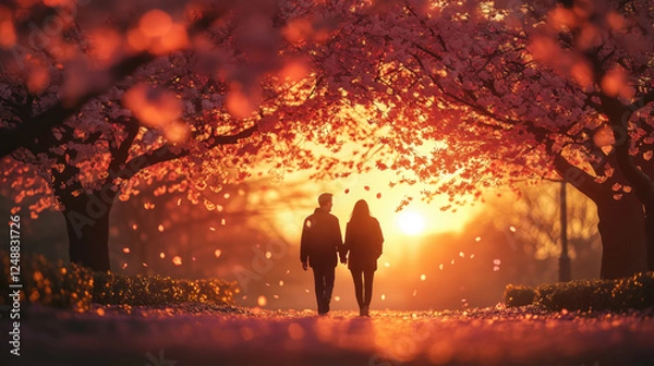Obraz Couple Walking Hand-in-Hand Under a Blossoming Cherry Tree at Sunset
