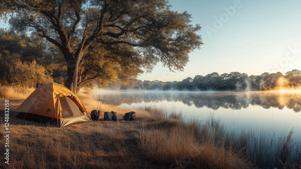 Obraz Serene Sunrise Camping by the Misty Lake