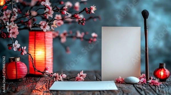 Fototapeta A single sheet of blank paper on a wooden table, alongside a calligraphy brush and inkstone, surrounded by delicate cherry blossoms and red lanterns, ambient light from a nearby lamp