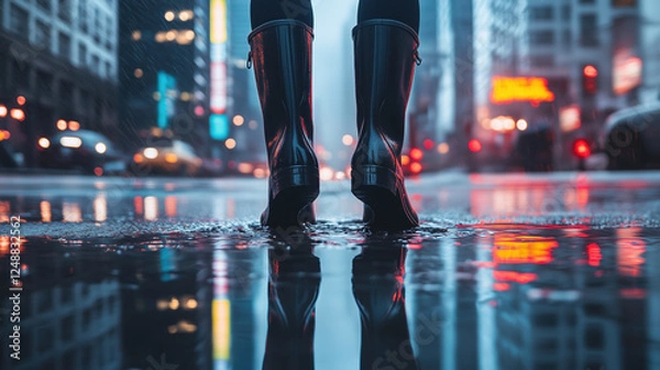 Obraz Rainy Night Cityscape Reflections in Puddle