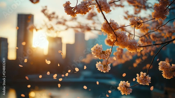 Obraz A Delicate Dance of Cherry Blossoms at Sunset in the City