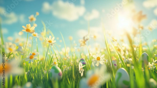 Obraz A Sunny Meadow Filled with Daisies and Easter Eggs