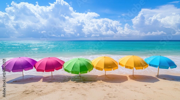 Obraz Vibrant Beach Scene with Colorful Umbrellas