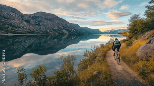 Obraz Serene Mountain Lake Cycling Path - Breathtaking Natural Scenery