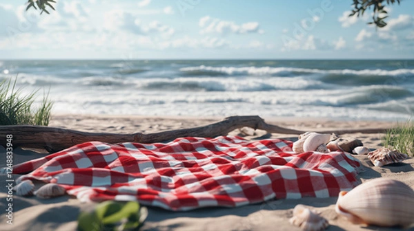Obraz Red and White Picnic Blanket on a Sandy Beach, Ocean View