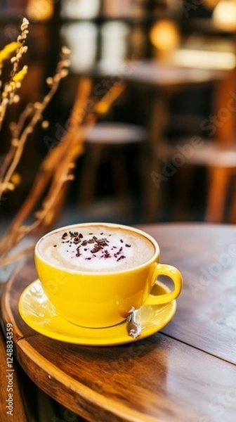 Obraz Aromatic Latte in a Vibrant Yellow Cup, Perfect Coffee Shop Experience