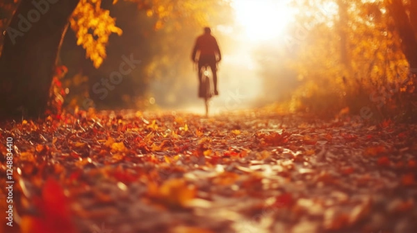 Obraz Autumnal Path with Cyclist: Golden Hour in the Forest