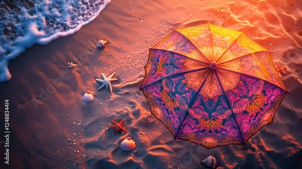 Obraz Beach Sunset with a Vibrant Patterned Umbrella