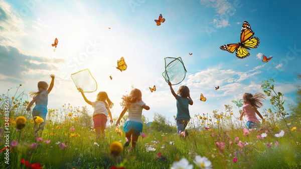 Obraz Children Playing in a Flower Field, Chasing Butterflies
