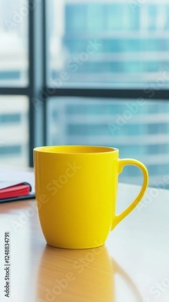 Fototapeta Vibrant Yellow Mug on a Modern Office Desk, A Simple Yet Stylish Office Accessory