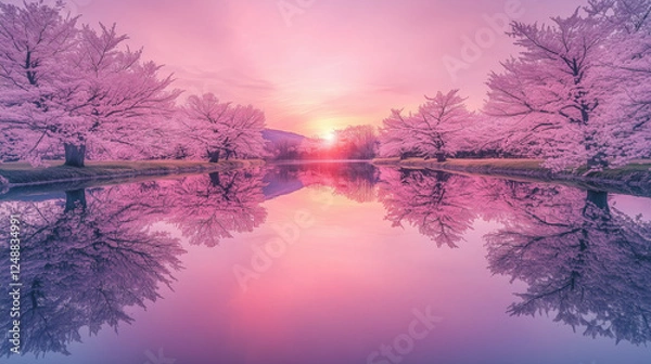 Obraz Serene Pink Cherry Blossom Sunrise Reflection on a Calm River