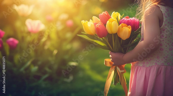 Obraz A Child Holds a Bouquet of Colorful Tulips in a Spring Garden