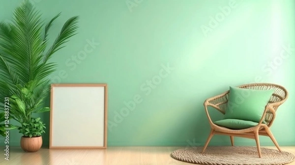 Fototapeta Modern Minimalist Interior Design with Green Tropical Plants. Generative AI