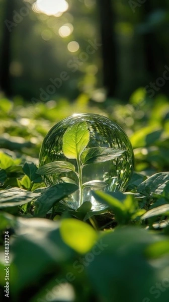 Obraz Glass ball with leaf inside resting on ground showcasing nature and sustainability in realistic photography