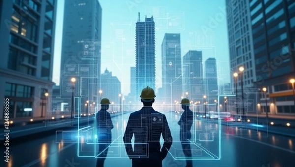 Obraz Engineers collaborating on a holographic building project, showcasing innovation in construction technology
