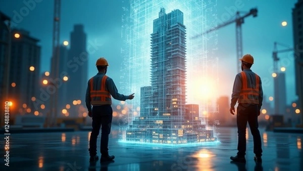 Obraz Engineers collaborating on a holographic building project, showcasing innovation in construction technology