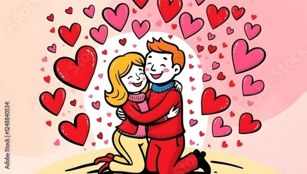 Fototapeta Couple Embracing Amidst a Heart Shower on a Peach Watercolor Background Symbolizing Love and Happiness