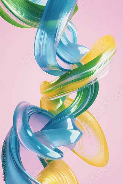 Obraz 3D rendering of blue, green, and yellow swirls on a pink background. Abstract composition with plastic shapes
