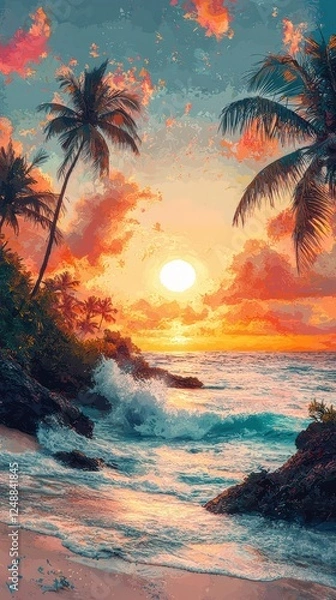 Fototapeta Tropical beach collage a vibrant sunset and ocean escape