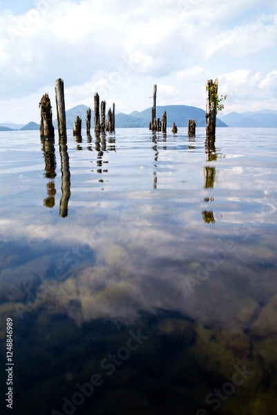 Fototapeta 日本、北海道、洞爺湖の朽ちた桟橋