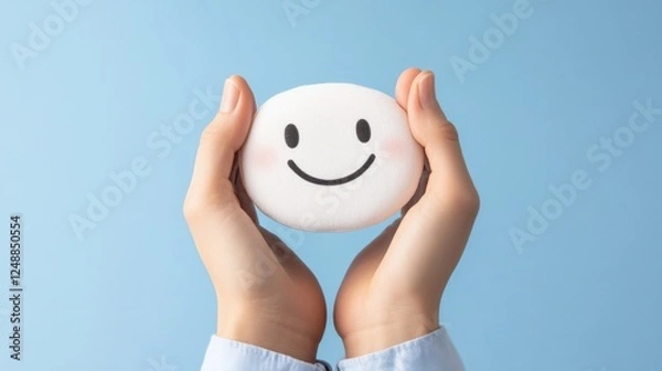Obraz hands holding a smiley face against a blue background