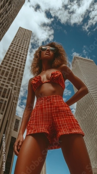Obraz Woman in red and white checkered swimsuit posing in urban setting with copy space for fashion photography