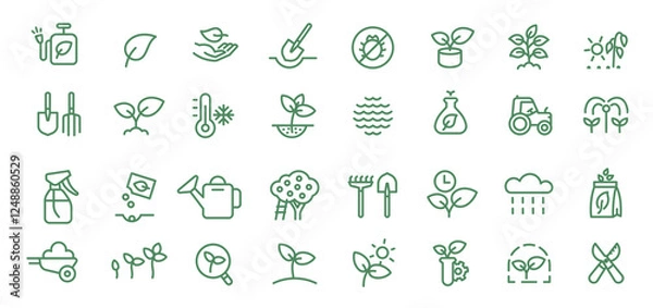 Fototapeta Icon Set Featuring Illustrations for Sowing Seeds, Farming, and Plant Growth. Perfect for Agriculture and Gardening Themes, with Vector Editable Outline Strokes for Easy Customization.
