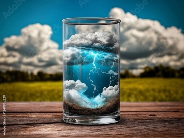 Fototapeta Glass of stormy clouds and lightning with crashing waves within liquid, hyperrealistic