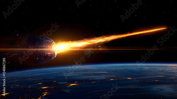 Fototapeta Massive Burning Meteorite Asteroid on a Collision Course with Earth