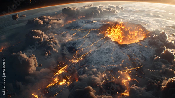 Fototapeta Massive Burning Meteorite Asteroid on a Collision Course with Earth