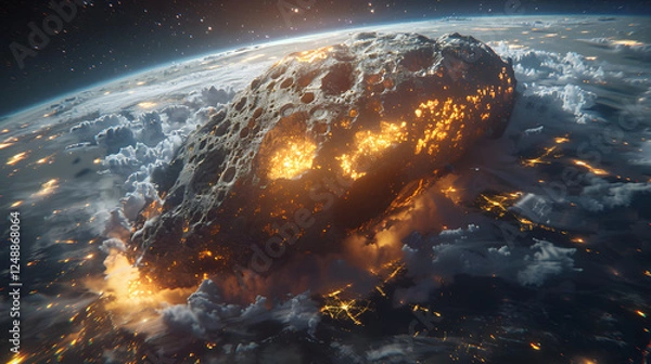 Fototapeta Massive Burning Meteorite Asteroid on a Collision Course with Earth