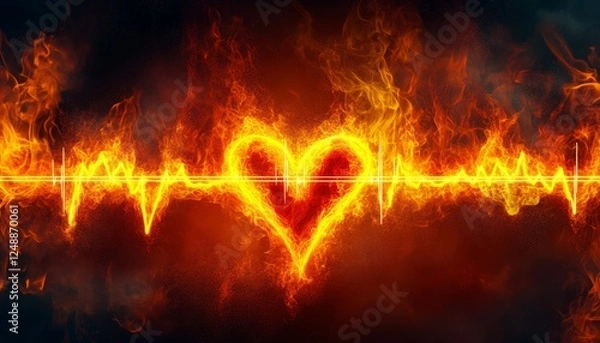Obraz Fiery Passionate Heartbeat Abstract Design Depicting a Flaming EKG Line and Vibrant Heart Symbol
