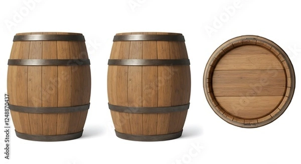 Obraz Wooden barrel, view from different angles, isolated on transparent background. Clipping path included. 3D render.
