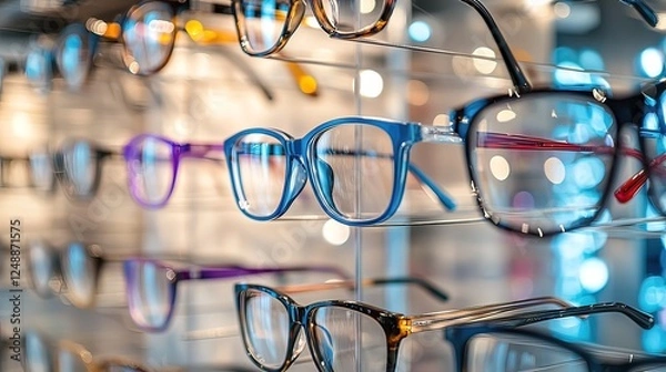Fototapeta Colorful eyeglasses displayed on store shelves.