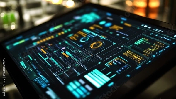 Fototapeta High tech digital interface displaying complex data visualizations and analytics. Vibrant graphics and holographic elements create a futuristic scientific environment
