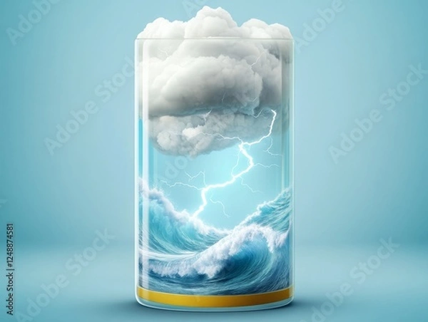 Fototapeta Glass of stormy clouds and lightning with crashing waves within liquid, hyperrealistic