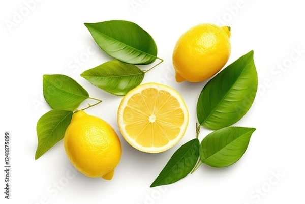 Fototapeta Organic yellow lemon with slice green leaves isolated on white Top view Flat lay